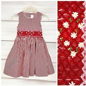 Creation Imaho Smocked Dress Red White Striped Cotton Summer Sleeveless 2 Years